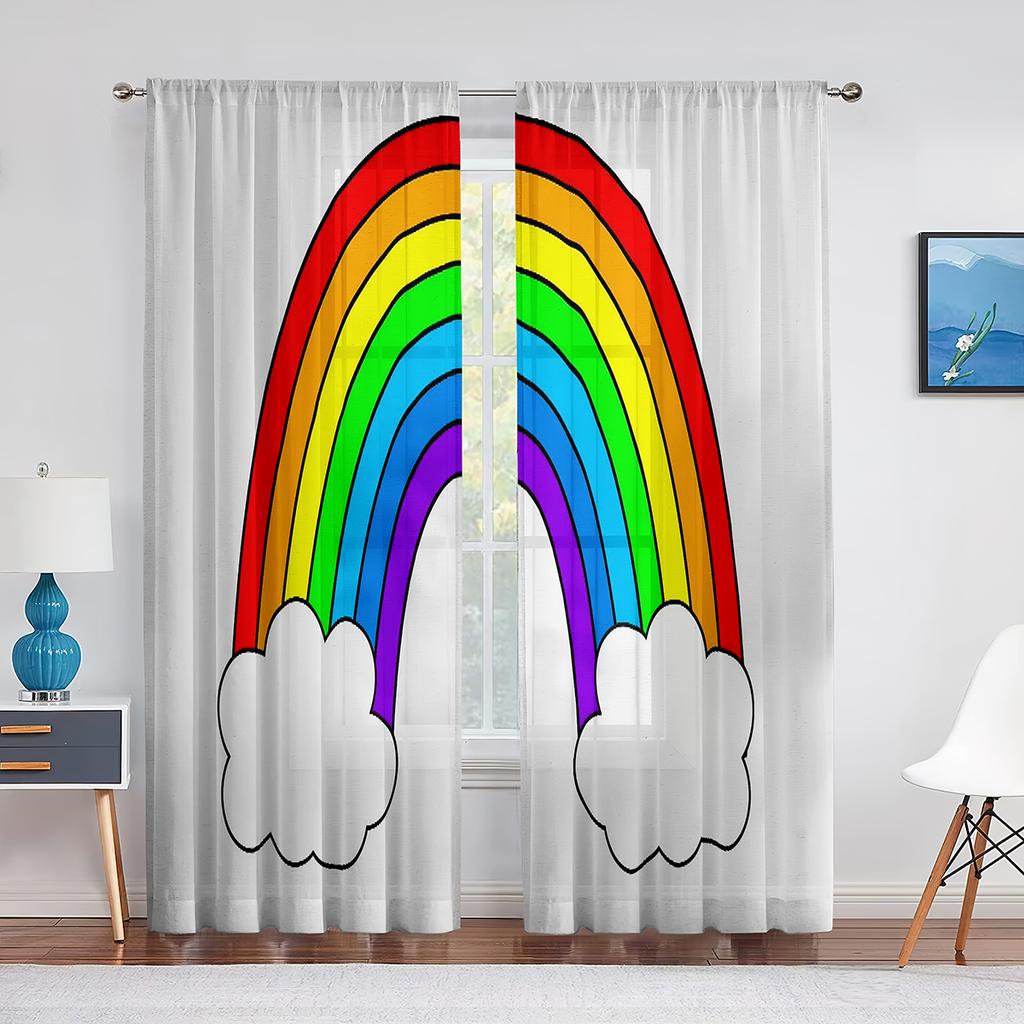 Fluffy Clouds and Rainbow Sky Tulle Curtains for Living Room Kids Bedroom Decoration Chiffon Sheer Voile Window Curtain Drapes