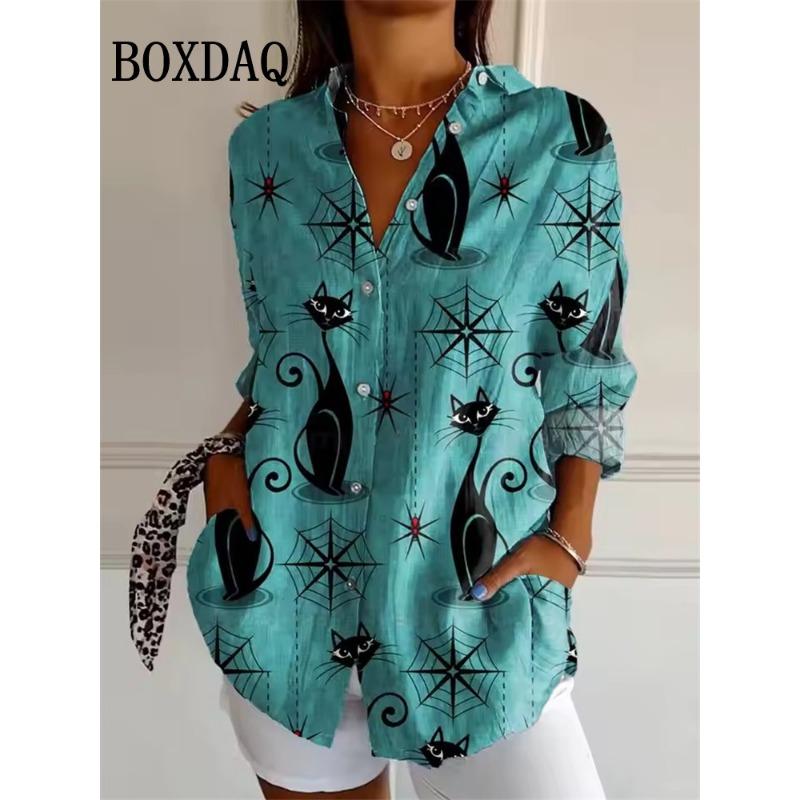 Women's Halloween 3D Witch Bat Print Blouse 2025 Autumn Fashion Long Sleeve Tops Trendy Loose Casual Lapel Party Shirts