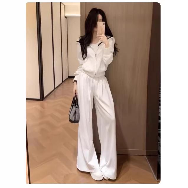 Korean Style Spring 2026 Women's White Hoodie & Wide-Leg Pants Casual Set