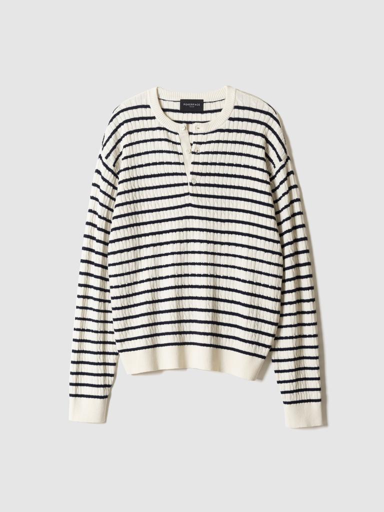 Pokeopeiseu Cable Stripe Henley Neck Knit Ivory