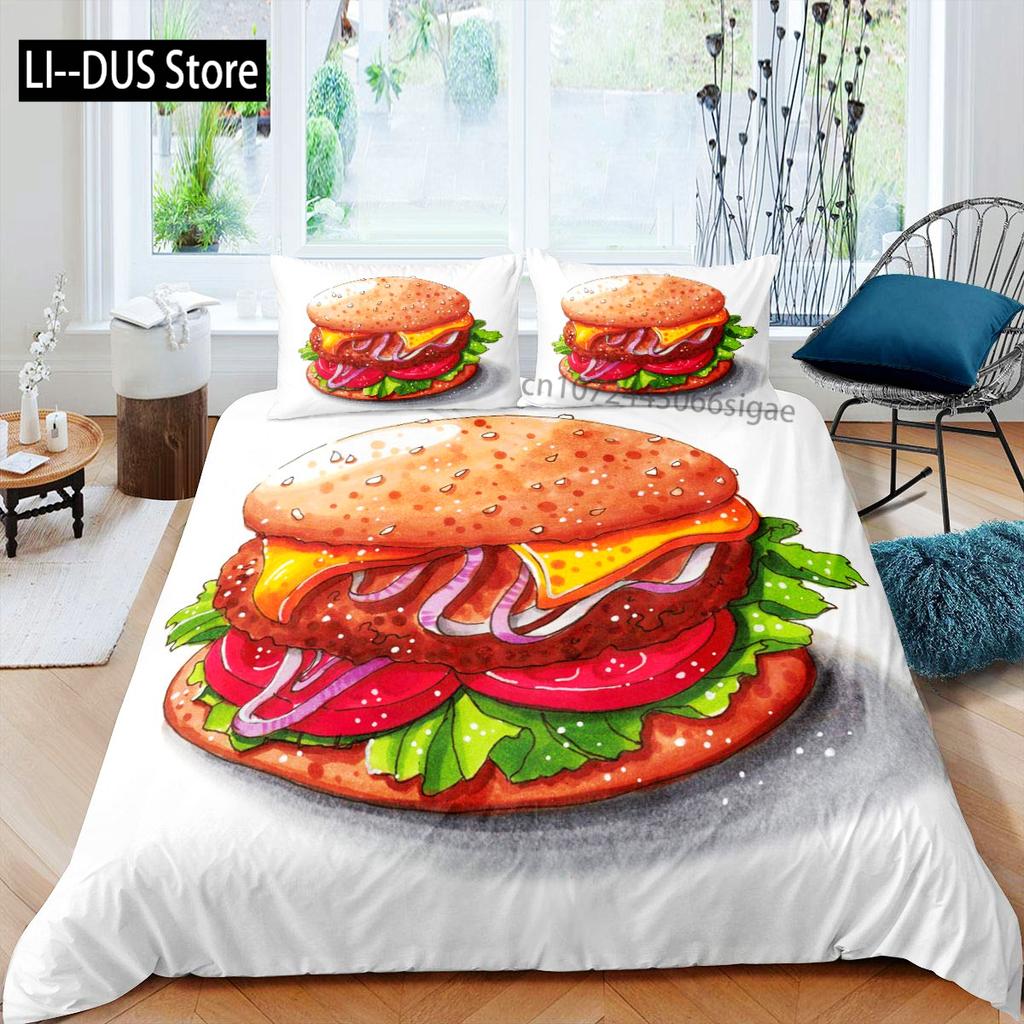 Hamburger Duvet Cover Set Meat Cheese Comforter Cover Fast Food Theme Bedding Set Cartoon Hamburg Pattern Quilt Cover For Kids