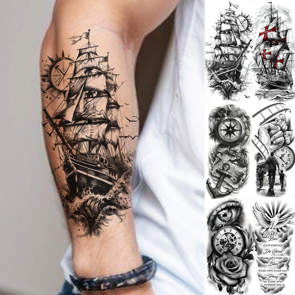 1 Foglio Impermeabile Nave Pirata Vela Tatuaggi Temporanei Per Uomo Donna Bussola Realistica Orologio Tatuaggio Finto Adesivo Lunga Durata
