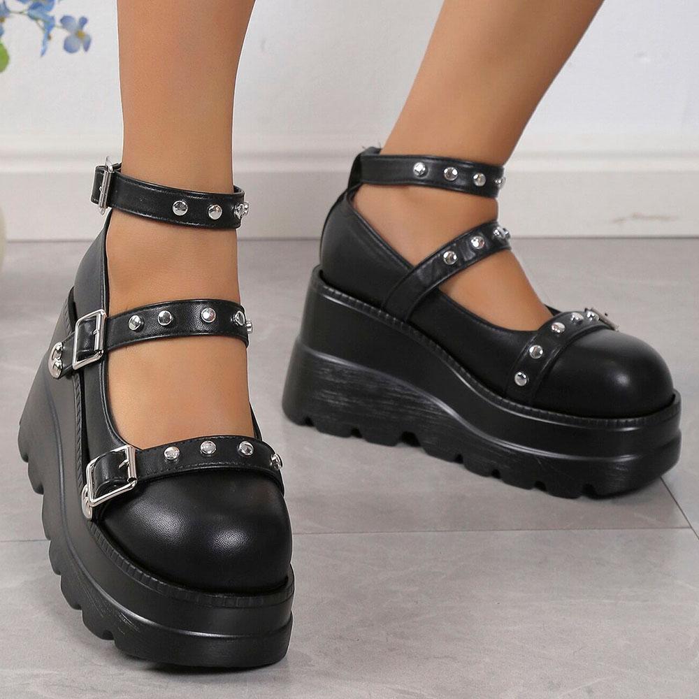 Doratasia Retro Ins Black Round Toe Heel Studded Punk Nightclub Ladies Mary Jane Y2 Lace Buckle Lolita Women'S Shoes