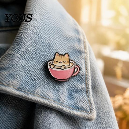 Backpack Decoration Pin Cartoon Coffee Cup Cat Brooch, Kitten Enamle Lapel Pin, Animal Theme Alloy Badge, Clothing Accessories for Lovers Jackets