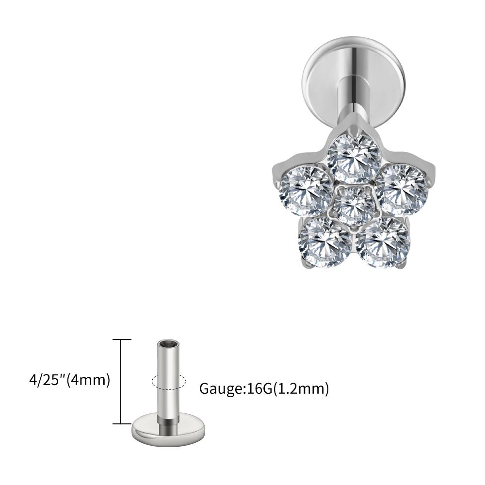 Right Grand ASTM F136 Titanium 5 CZ Flower Lip Labret Monroe Stud 16G Floral Cartilage Helix Earring Flat Back Piercing Jewelry