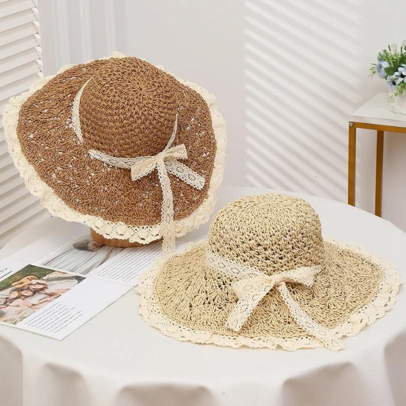 Straw Hat for Women Summer Handmade Weave Hollow Lace Up Anti-UV Beach Cap Foldable Large Brim Panama Bucket Fashion Sun Hat