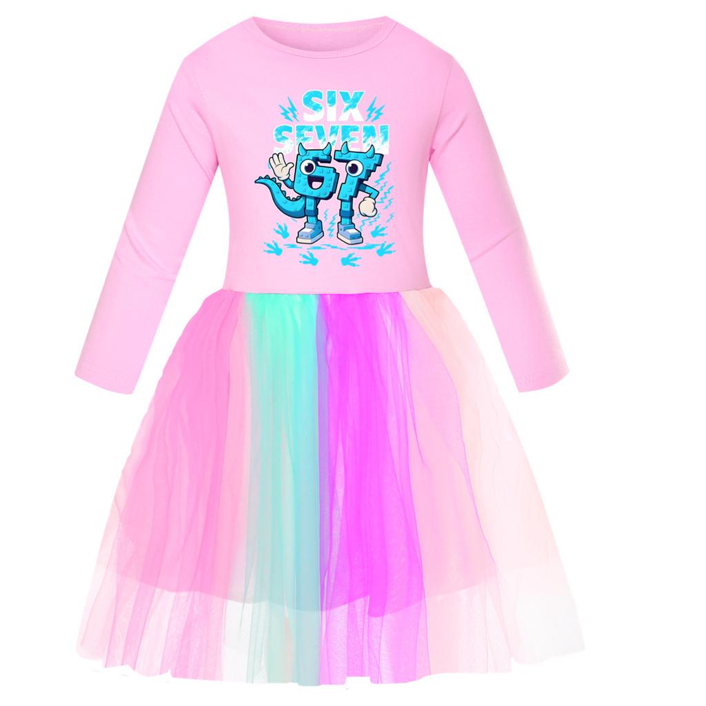5192 Copii Fete Fură un Brainrot 67 Șase Șapte Imprimeu Plasă Curcubeu Gât Rotund Casual Casual Rochie de Bumbac
