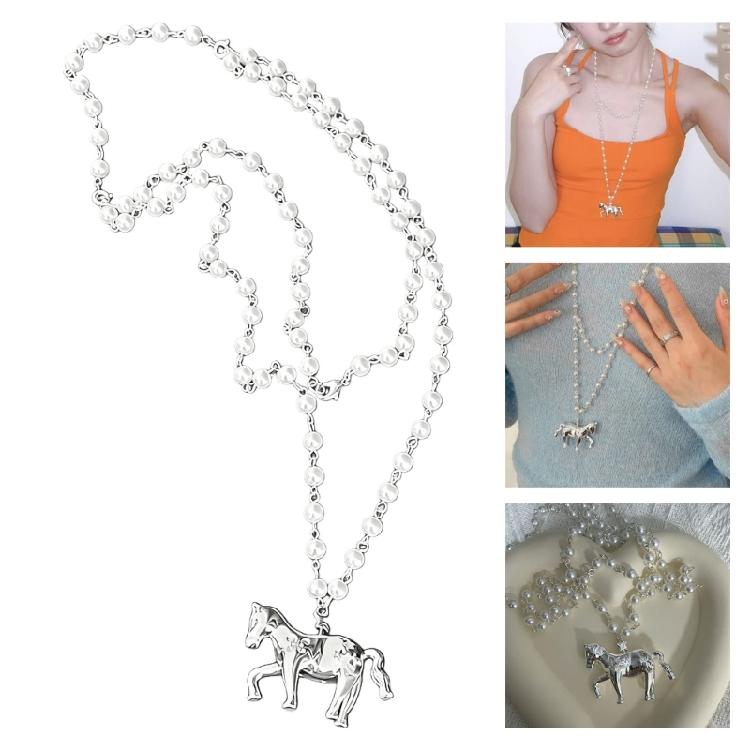 Long Chain Horse Pendant Pearls Necklace Designed for Easy Layering Alongside Other Chains in Fashion Styles