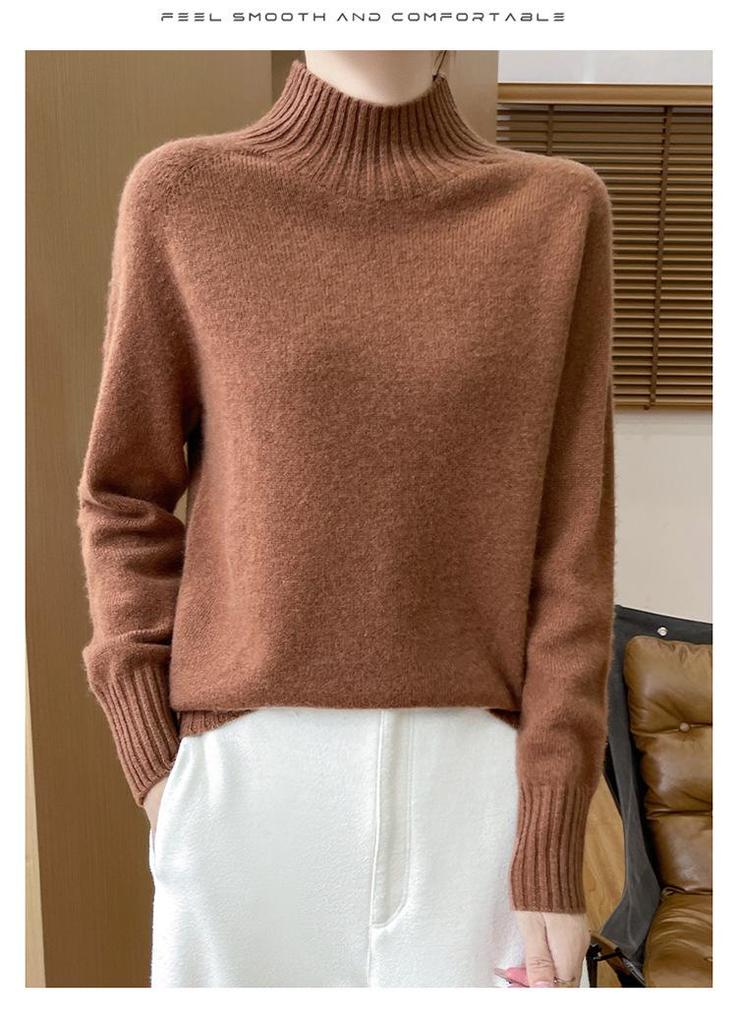 Women's Pure Wool Half-High Collar Loose Knit Sweater - Thickened Autumn/Winter Base Layer Pullover