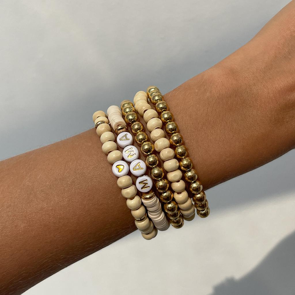Bohemian Style Wood Bead Stacked Bracelet, Ethnic Style Letter Soft Pottery Round Bead Bracelet Female