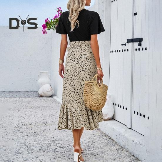 Women's Ruffle Irregular Hem Midi Dress Short Sleeve V-Neck Printed Wrap Dress Summer Beach Wedding Guest Dresses