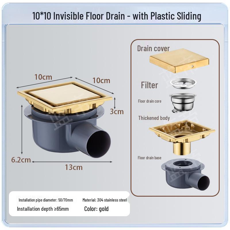 15x15 Odor-Proof Invisible Floor Drain, 304 Stainless Steel, Concealed for Bathroom or Shower Room
