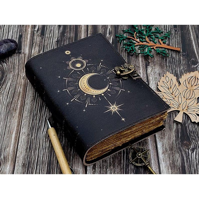 Sun Moon Leather Journal for Men Women 200 Pages of Antique Handmade Deckle Edge Vintage Paper Traveling Sketchbook Book