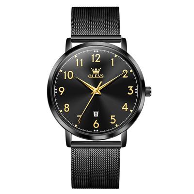 OLEVS Business Casual Uhr mit römischem Alphabet Wasserdicht und leuchtend Schwarzes Lederarmband und Netz-Analog-Quarz-Datum Perfektes Geschenk für Männer Herren