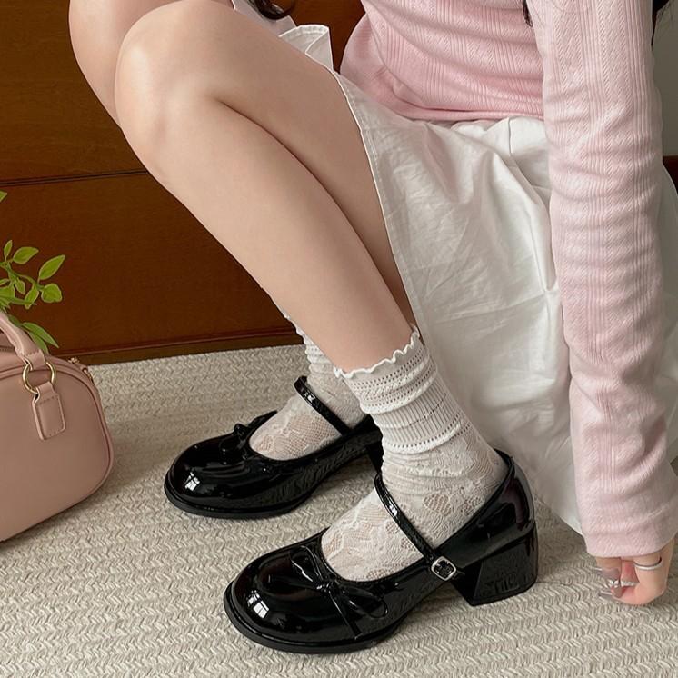 Red round head jk thick high heel small leather shoes women's summer Mary Jane single shoes