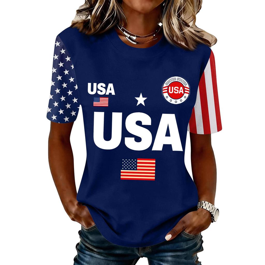 Blusa Feminina da Moda Casual de Manga Curta com Estampa e Gola Redonda