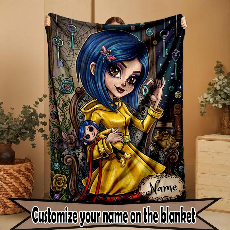 Custom Name Personalized Coraline Print Blanket, Home Decor, Bedroom, Sofa, Camping, Couch, Gifts for Birthday Christmas
