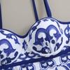 2024 Blue & White Floral Porcelain One-Piece Chiffon Skirt Bikini