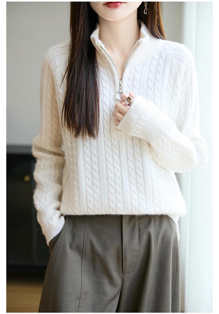 Elegant Pure Wool Cable Knit Sweater: Women's Half-High Collar, Zipper, Long Sleeve, Loose Fit