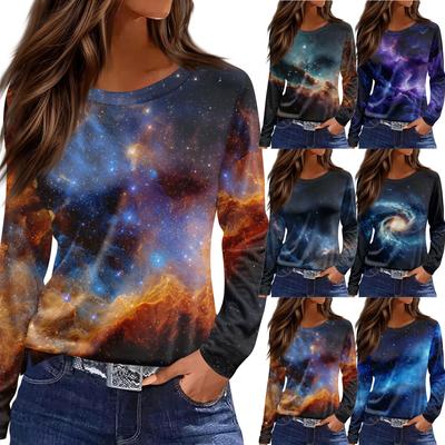 Moda damă ocazional tiv cu fante cu gât rotund, cu mânecă lungă, tricou imprimat liber Top pentru damă