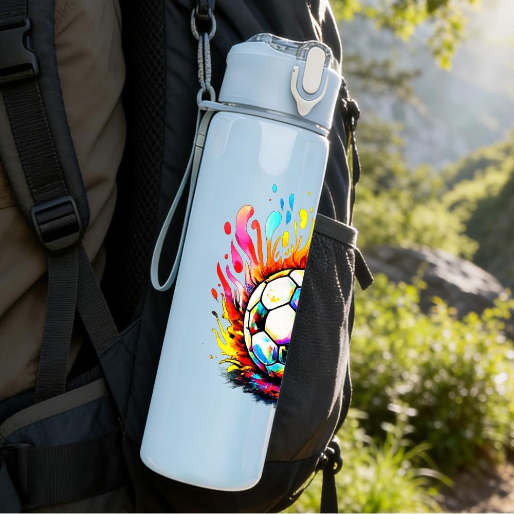 1PC Color Splash Soccer Ball Burst Print 750ml Color Plastic Sports Water Bottle Leakproof Flip Straw Lid Suitable for Sports Office Home Use
