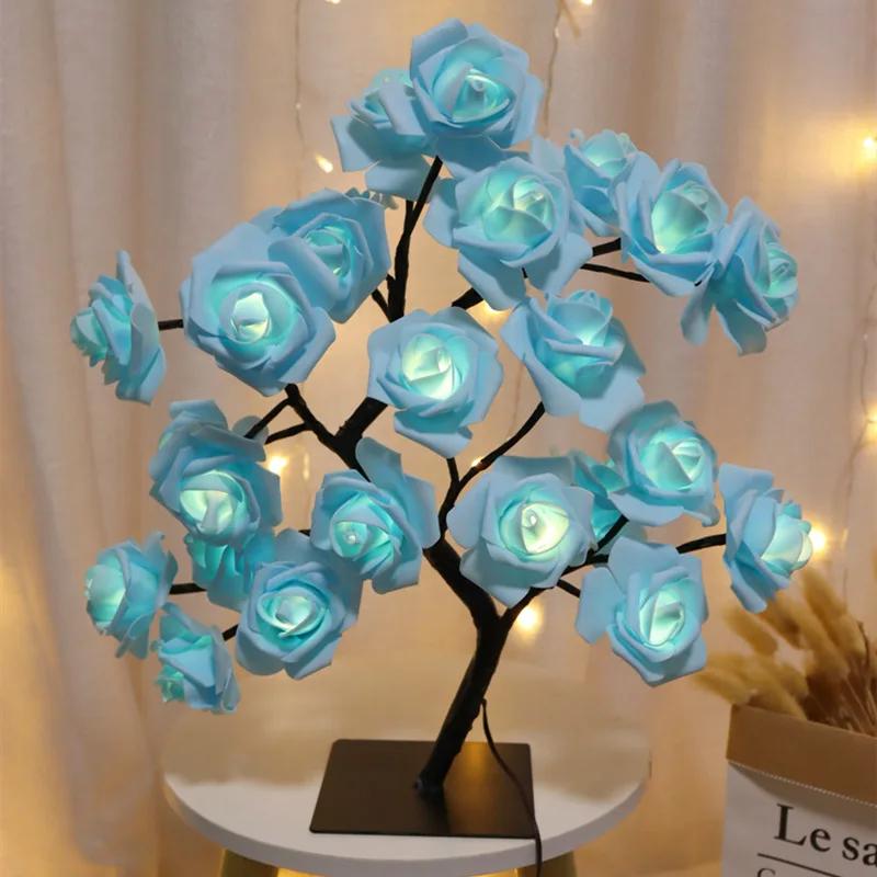 24 Lights LED Table Lamp Rose Flower Tree USB Night Lights Home Decoration LED Table Lights Parties Xmas Christmas Wedding Bedroom Decor