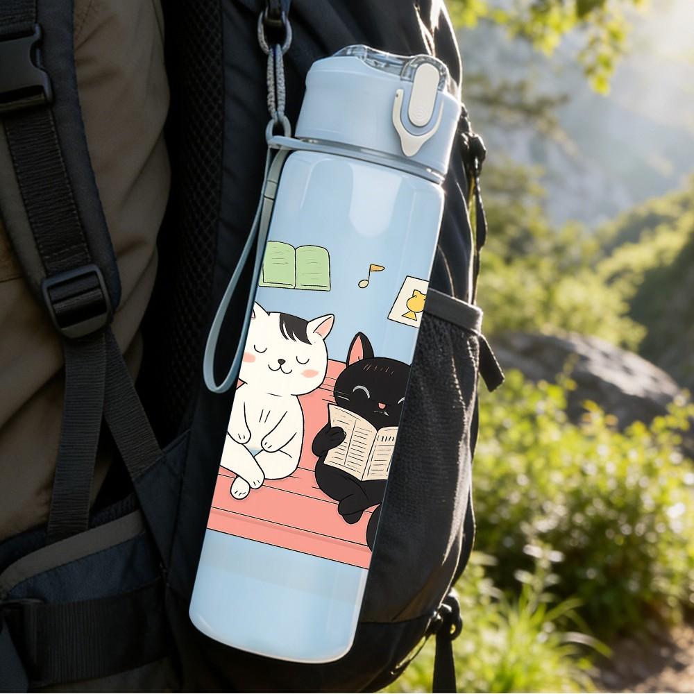 1PC Cats On Sofa Cozy Home Print 750ml Color Plastic Sports Water Bottle Leakproof Flip Straw Lid Suitable for Sports Office Home Use