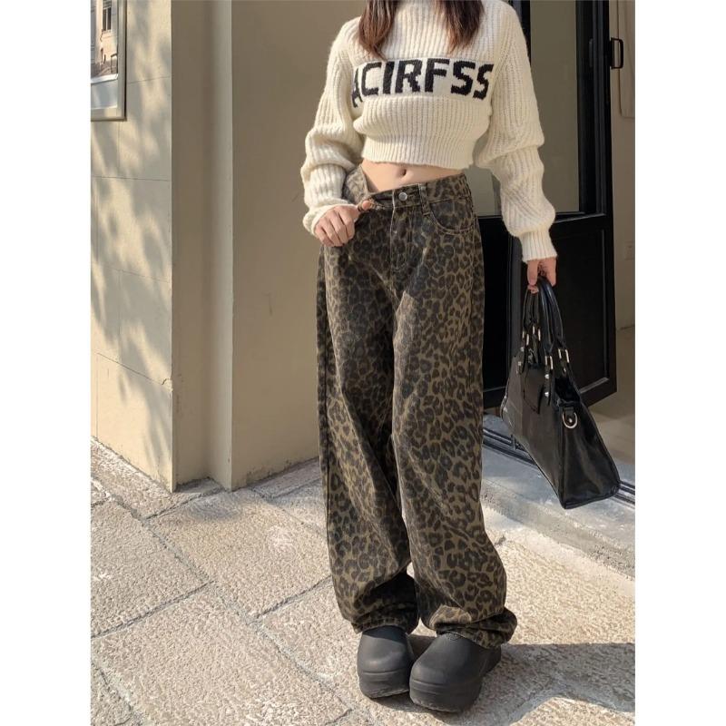 Spodnie damskie z szerokimi nogawkami w panterkę w stylu vintage Pantalon damskie z wysokim stanem proste dżinsy Y2k Casual Fashion koreańskie spodnie jeansowe