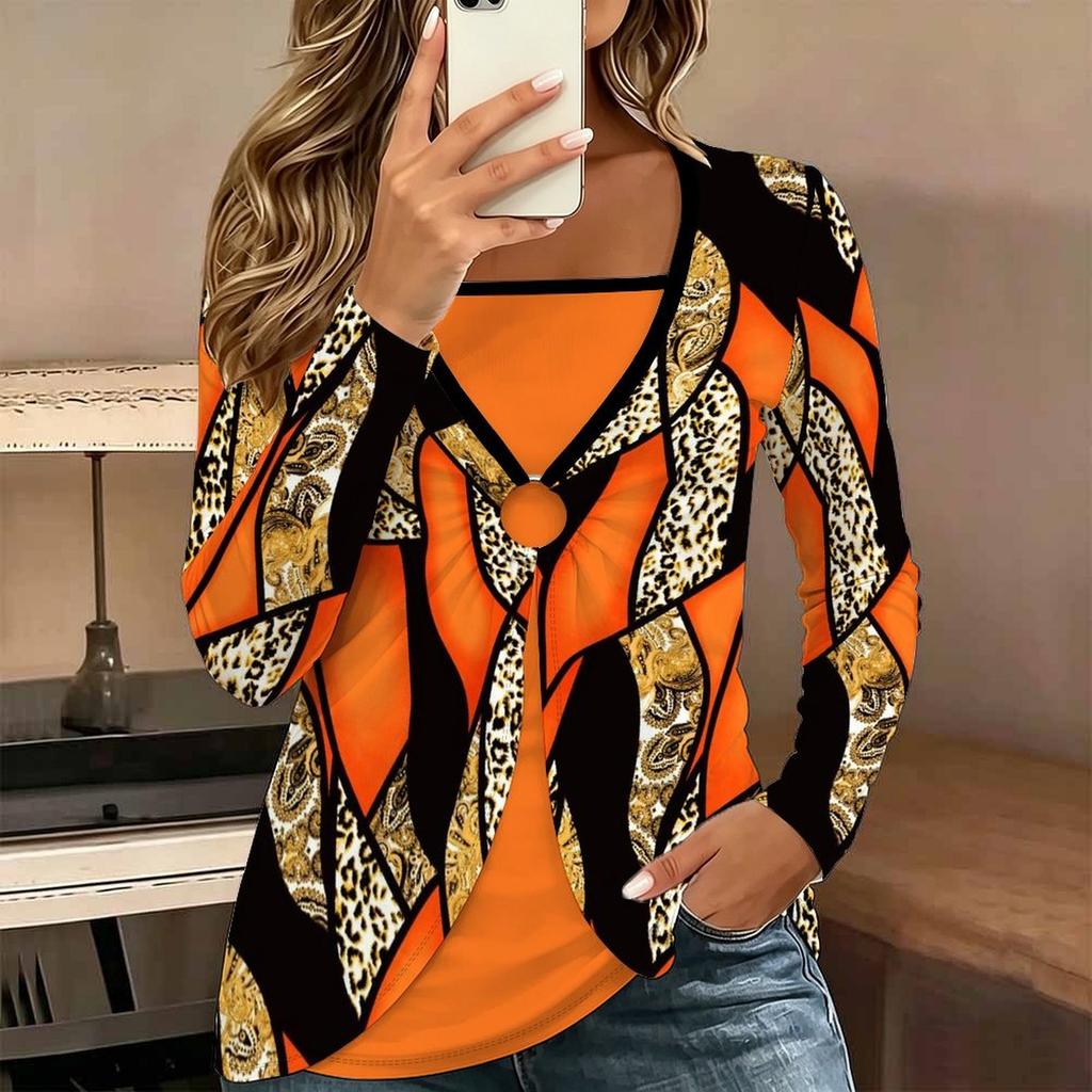 Tops for Women Floral Print Long Sleeve Fake Two‑Piece Top Fall Casual Slim Pullover Women's Long Sleeve Top