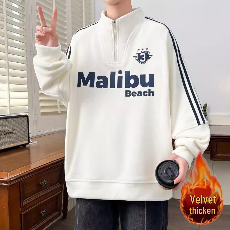 

Academy Style Teen Half-Zip Stand Collar Plus Velvet Warm Men s Hoodie XL брудно-білий
