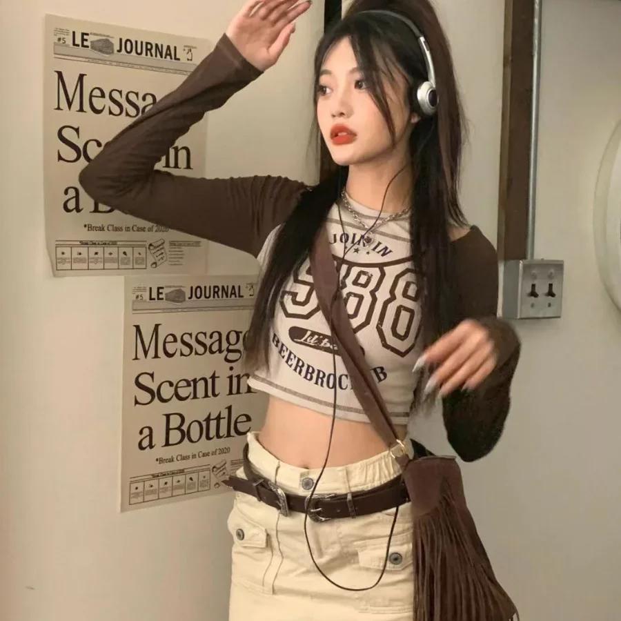 Y2k T-shirt Streetwear Vintage Korean Style Crop Top Women T-shirt Sexy Retro Letter Printed T Shirts Off Shoulder Aesthetic Clothes