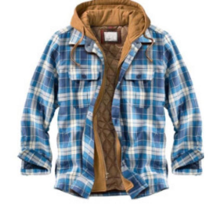 Men's Clothing European and American Autumn and Winter Thickened Cotton-padded Plaid Long-sleeved Loose Hooded Jacket