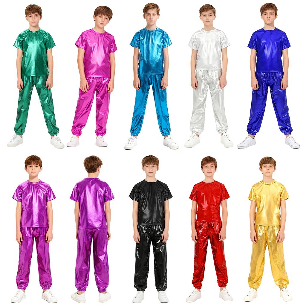 Fantasia Unisex Infantil para Festa de Dança Camiseta Metálica Brilhante de Manga Curta e Gola Redonda e Calças Conjunto para Apresentação
