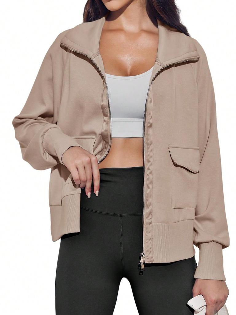 Women's Lightweight Zip Up Sweatshirt Jacket Collared Pocket Casual Outdoor Coat for Running Hiking Travel
