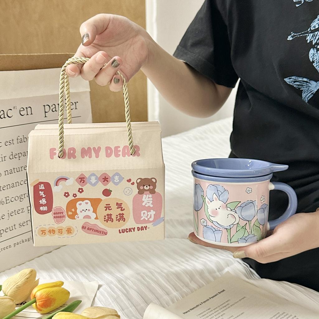 Mug with Lid High Value Ins Fengshui Cup for Girls Cute Home Breakfast Cup Ceramic Cup Souvenir Gift