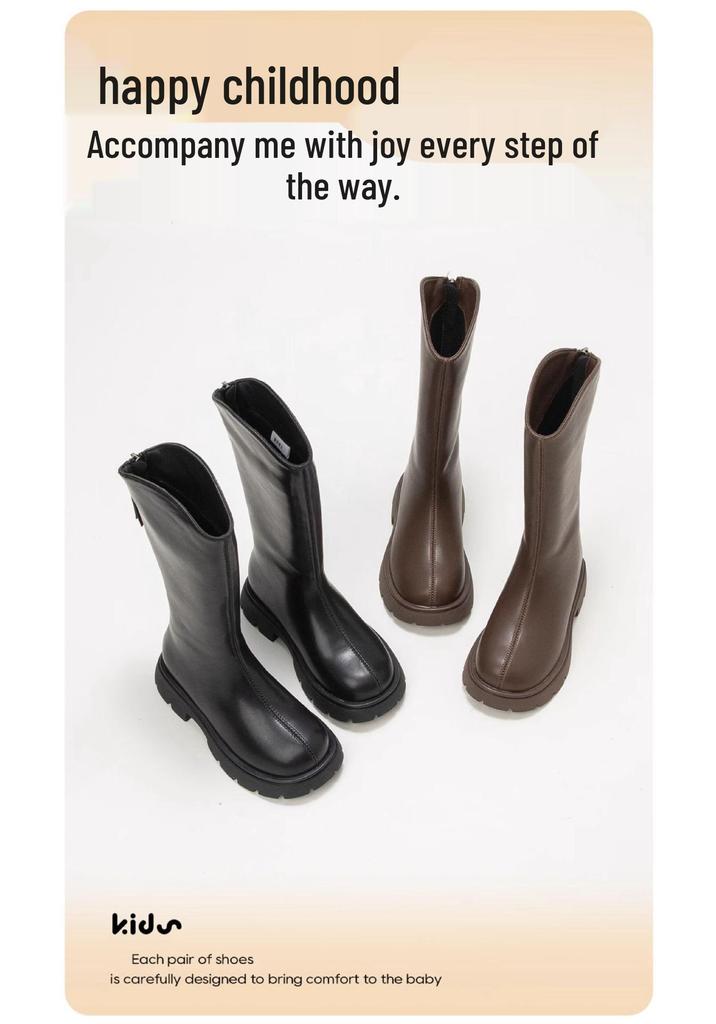 Girls' 2026 Knee-High Velvet-Lined Leather Boots for Autumn/Winter