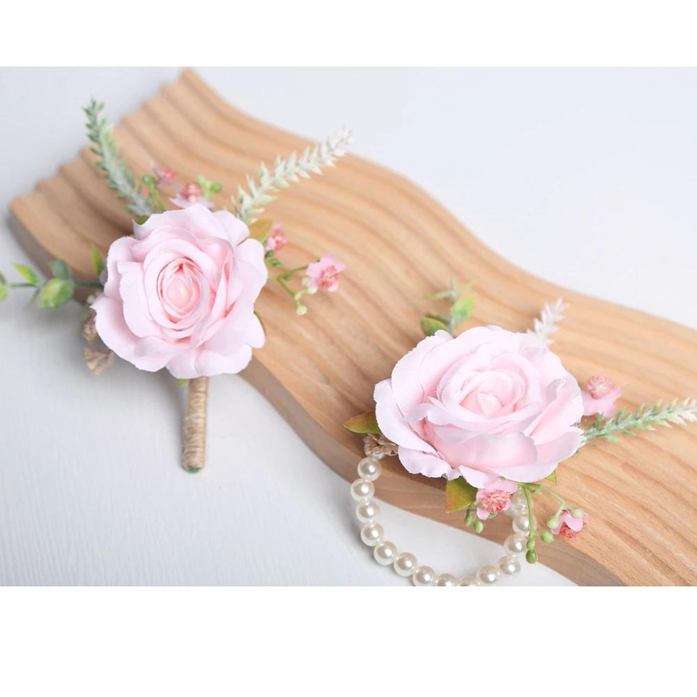 6pcs Rustic Artificial Rose Boutonniere Corsage Set Dusty Rose White Wristband Prom Suit Flowers for Wedding Ceremony