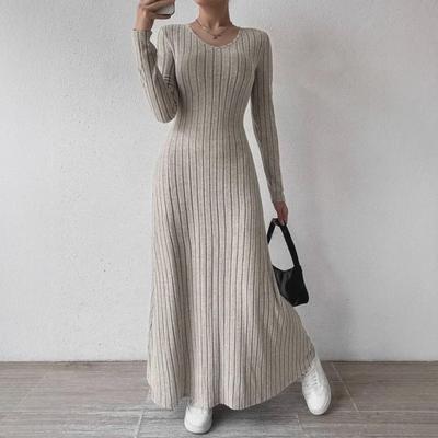 Vestido de punto ajustado de manga larga y corte A para mujer - Moda urbana europea y americana