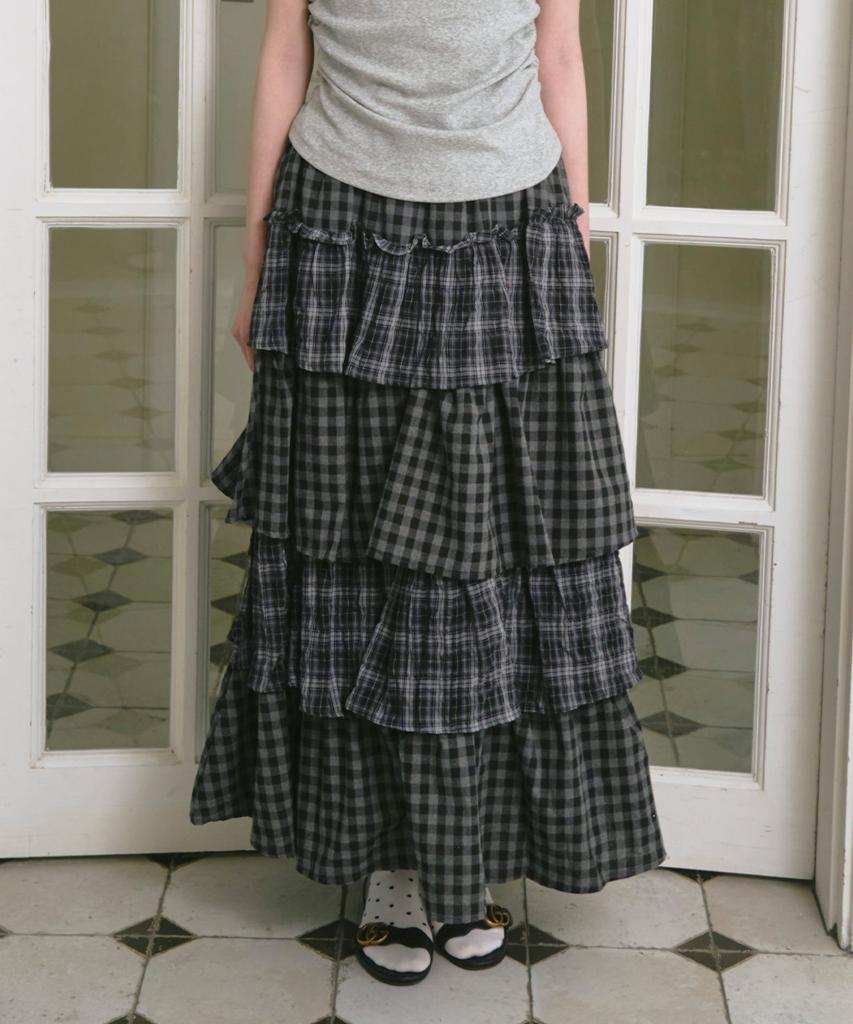 The Green Lab Tiered Long Skirt With Cancan Check [Charcoal Gray Check]
