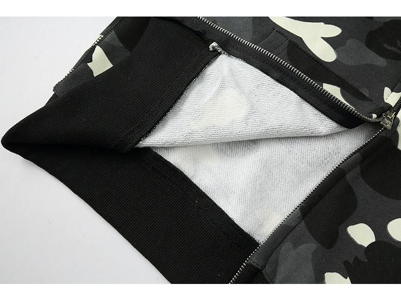 Bluza z kapturem w kamuflażu z plamkami i motywem głowy rekina, Unisex, luźny krój, zapinana na zamek, z długimi rękawami