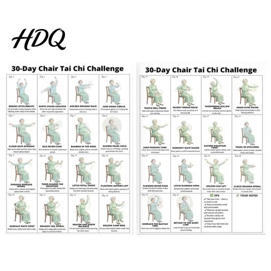 Tai Chi Poster for Seniors 2Pcs Chair Workout Posters Seated Exercises Chart 30-Day Strength Building Guide Beginners Home Gym Decor