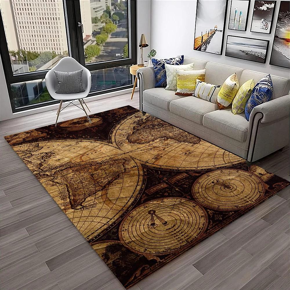 Retro Kompas Navigační Mapa Koberec pro Domácí Obývací Pokoj Ložnici Pohovku Rohožka Dekorace, Koberec do Dětského Hracího Koutku Protiskluzová Podlahová Rohožka