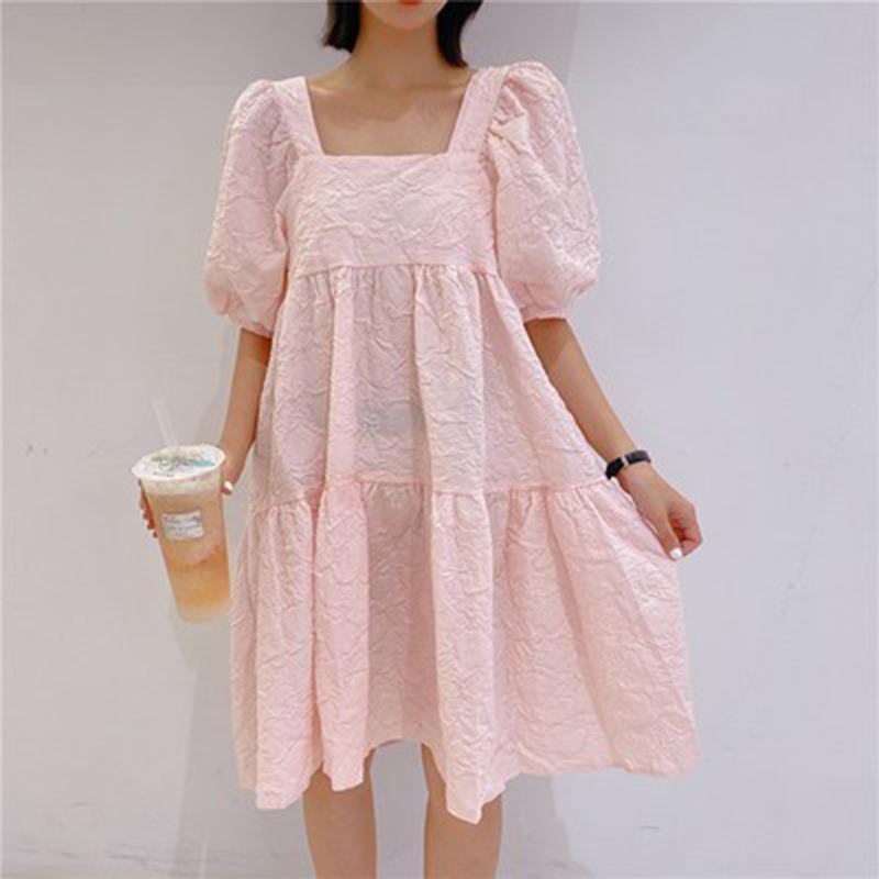 Pregnant Women Spring and Summer Sweet Square Neck Bubble Sleeves High Waist Thin Loose Girlfriends Dress
