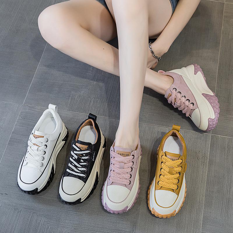 Dad shoes leather surface burst autumn women 2025 new retro lightweight inner height increase casual sports shoes platform single shoes