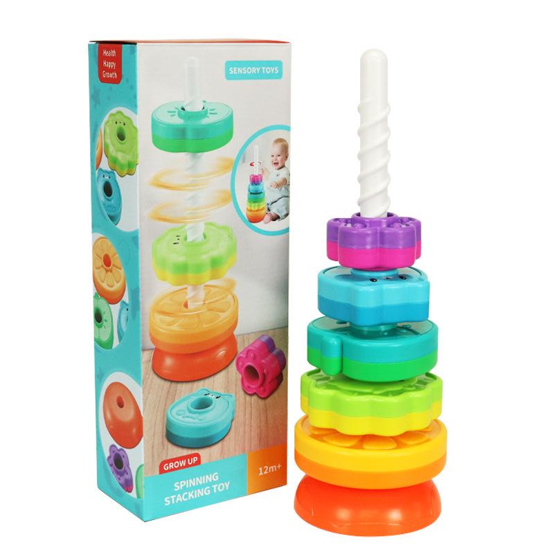 Yiying Cognitive Rainbow Rotating Tower Toy for Toddlers - Educational Geometric Stacking & Spinning Rings