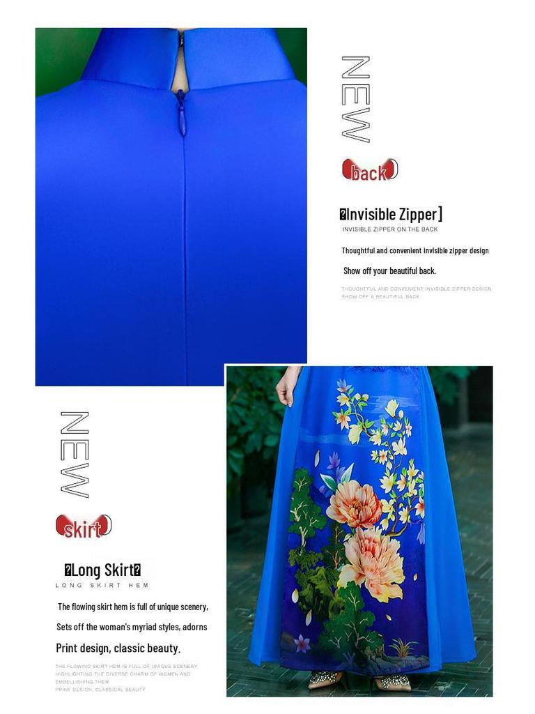 2025 Summer Blue Ao Dai-Inspired High-End Cheongsam Dress for Runway and Evening Wear