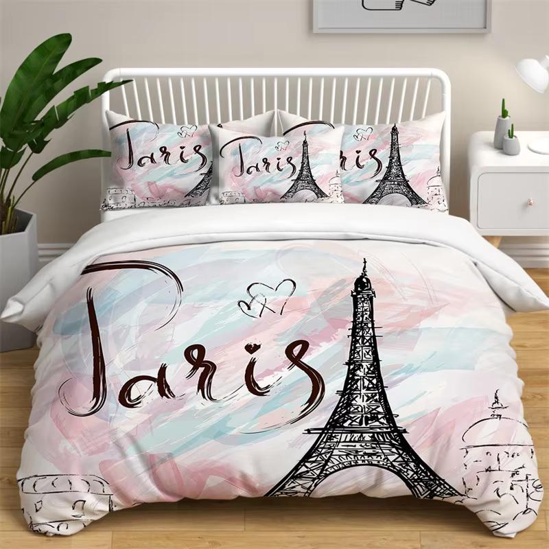 Eiffel Tower Duvet Cover Set Romantic Paris Tower Bedding Set French Style Home Decor Cityscape Quilt Cover King For Girls Boys