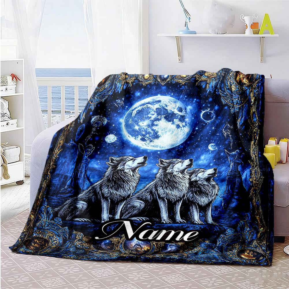 Wolf Moon Customize Text Blanket Gift Personalized Blanket Warmthful Decor Throw For Couch Livingroom Office Chair Seaside Ideal for All Seasons