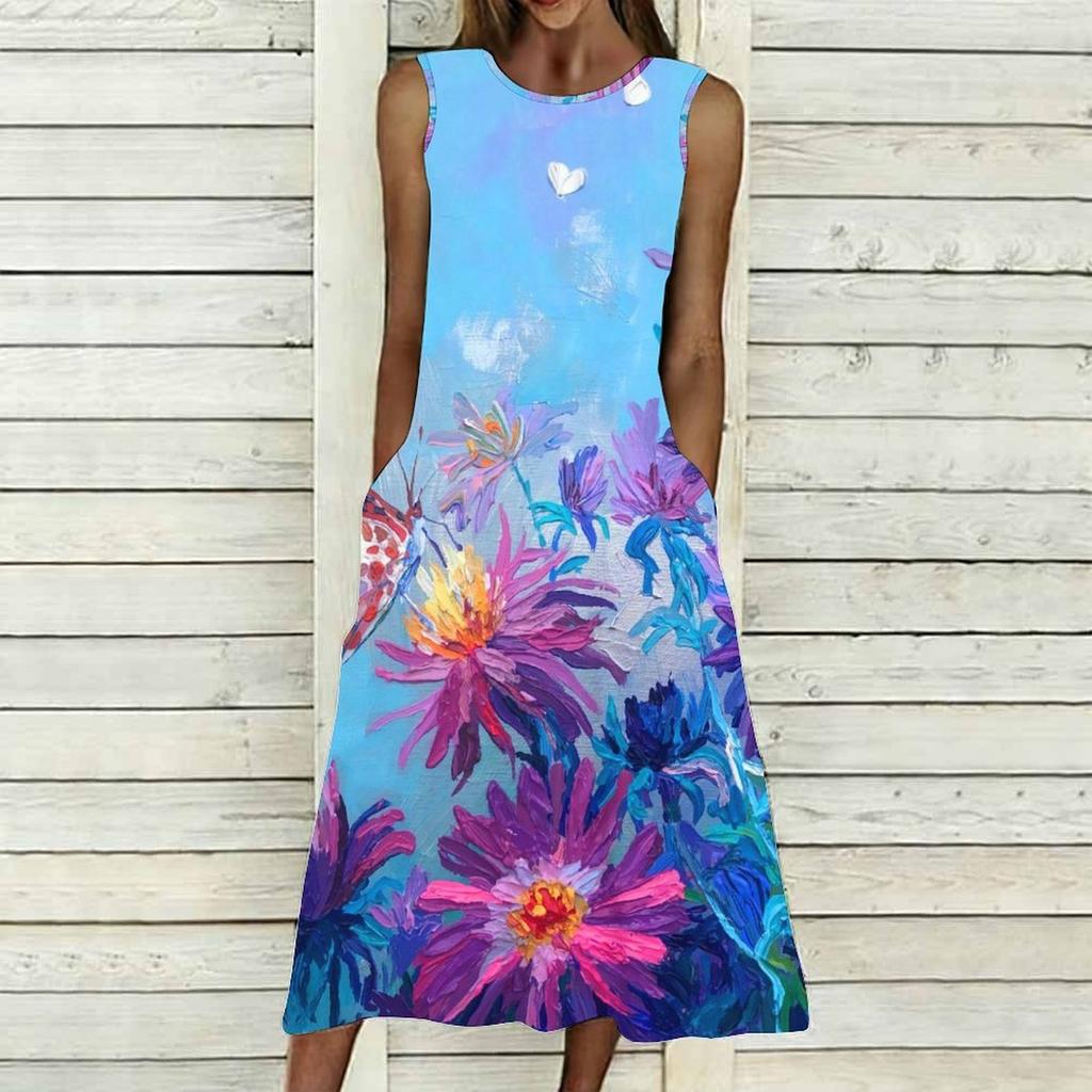 Ladies Oversized Sleeveless Crew Neck Dress Delicate Clustered Wild Flowers Loose Mid Length Dress