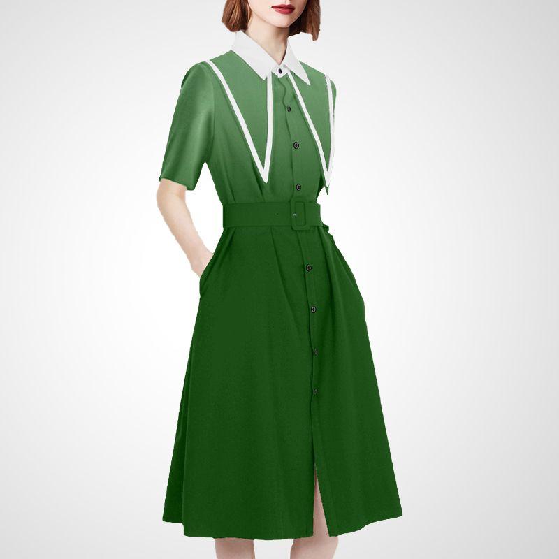 

Minimalist Fashion 2025 New Arrival Fancy Casual Dress Women s Summer Short Sleeve Elegant Fitted Waist Shirt Dress Mid Length Long Length Green Gradient S